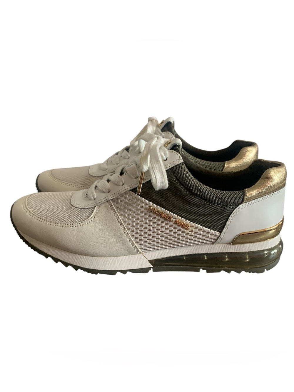 Michael Kors Cream/Olive Green and Gold Accent Mesh Low-Top Sneakers 8.5 - Picture 4 of 10